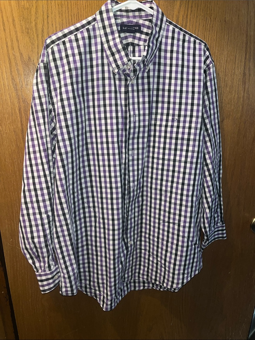 Lands' End Men's Purple and White Checked Button-Down Shirt has BDJ on pocket